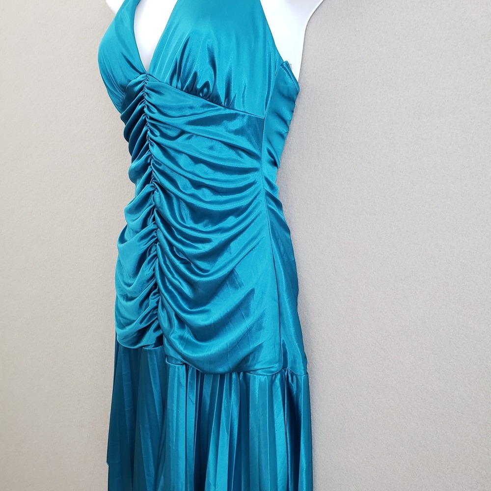Vtg Jodi Kristopher Teal Blue Satin Halter Dress M Ruched Pleated Y2K Prom READ - Picture 13 of 15